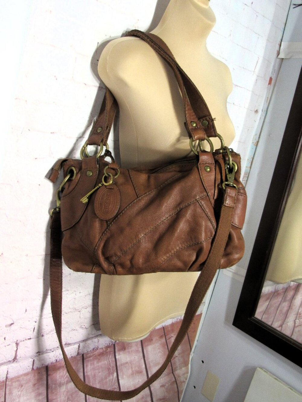 FOSSIL SOFT GLOVE LEATHER SATCHEL WHISKEY BROWN TOTE SHOULDER BAG HANG TAG + KEY